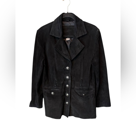 Jacqueline Ferrar Jackets & Blazers - Vintage Jacqueline Ferrar Black Suede Leather Trim Jacket Longline Size Small